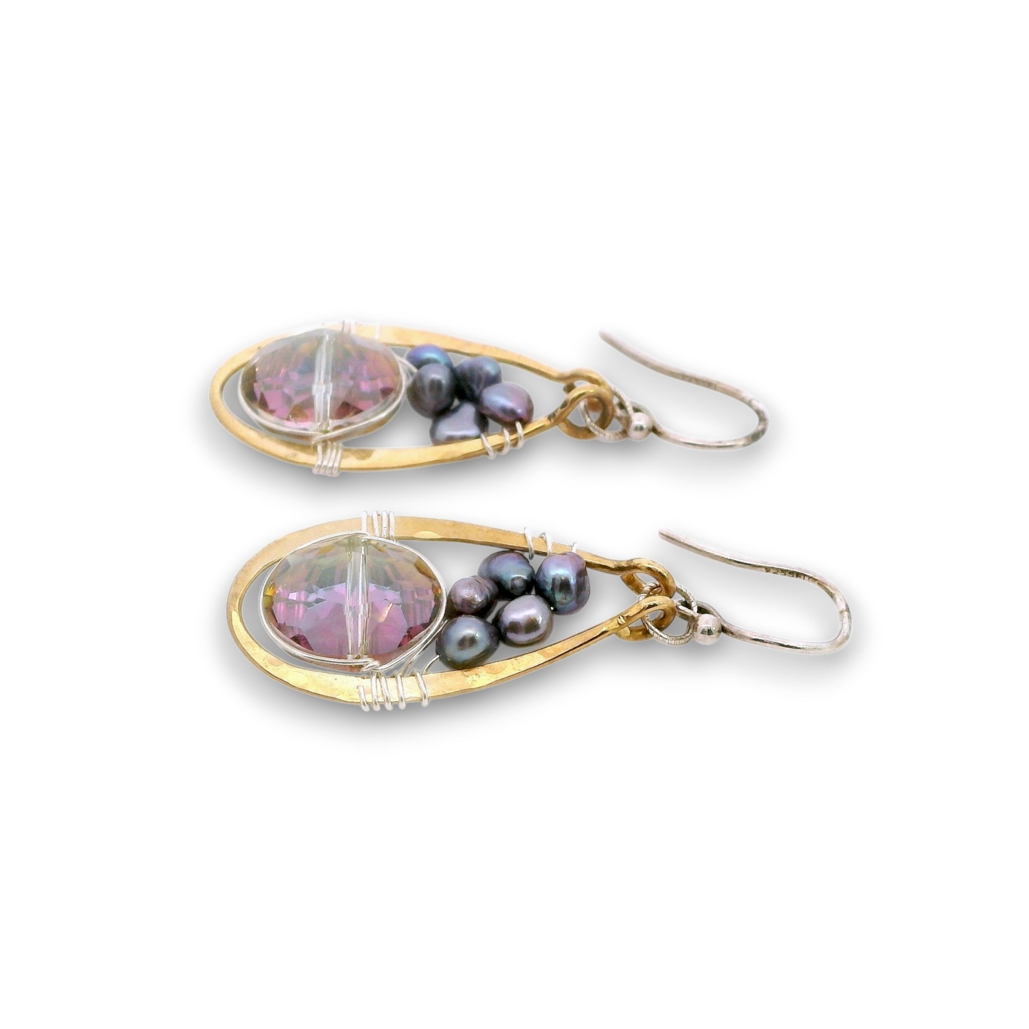 Pair of brass mini earrings with magenta crystal and fresh water pearl wrapped in sterling silver wire