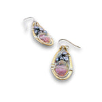 Pair of brass mini earrings with magenta crystal and fresh water pearl wrapped in sterling silver wire