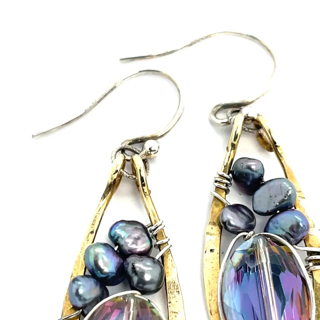 Pair of brass mini earrings with magenta crystal and fresh water pearl wrapped in sterling silver wire