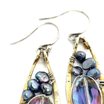 Pair of brass mini earrings with magenta crystal and fresh water pearl wrapped in sterling silver wire