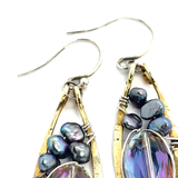 Pair of brass mini earrings with magenta crystal and fresh water pearl wrapped in sterling silver wire