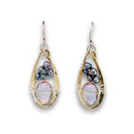 Pair of brass mini earrings with magenta crystal and fresh water pearl wrapped in sterling silver wire