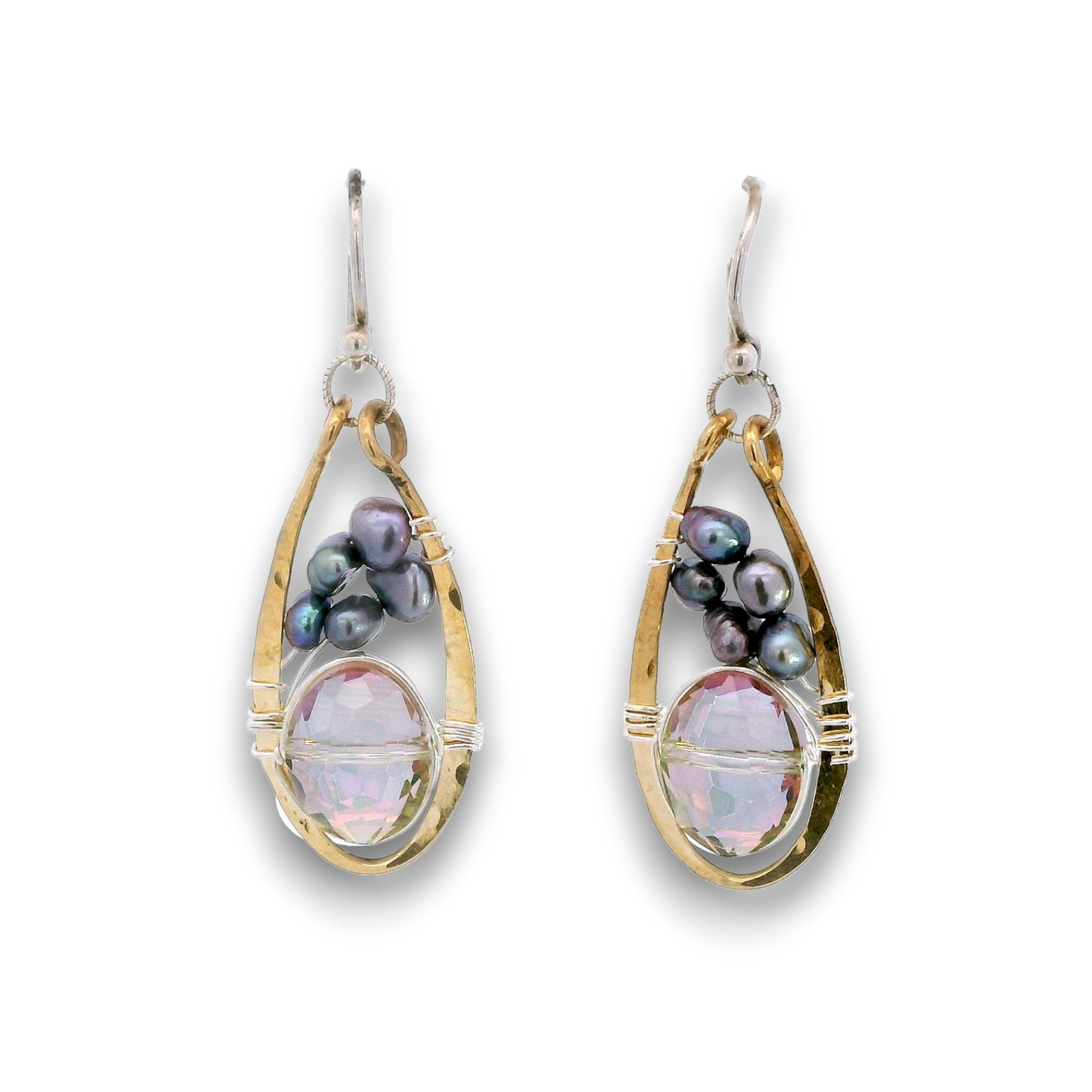 Pair of brass mini earrings with magenta crystal and fresh water pearl wrapped in sterling silver wire