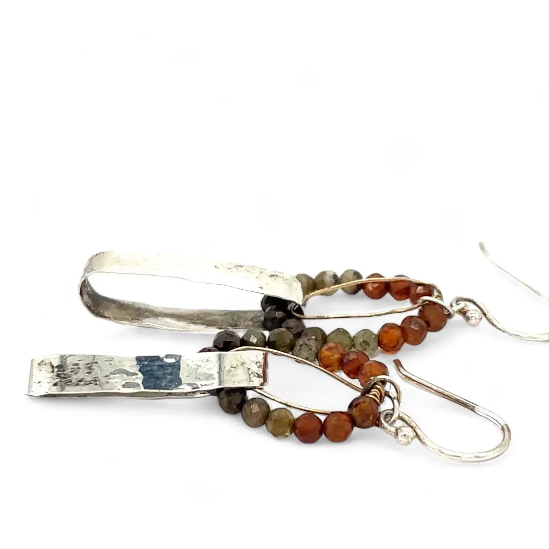 ombre hessonite garnet rings interlinked with a shiny hammered sterling silver wide links accented with gold filled wire earrings