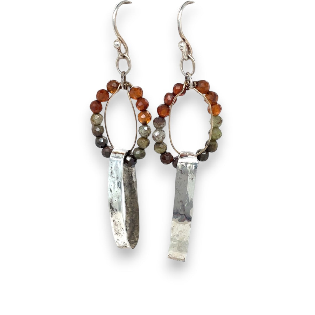 ombre hessonite garnet rings interlinked with a shiny hammered sterling silver wide links accented with gold filled wire earrings