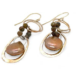 Handmade bronze mini earrings with a neutral pink fresh water pearl drop and hessonite garnet accents