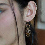 Handmade bronze mini earrings with a neutral pink fresh water pearl drop and hessonite garnet accents