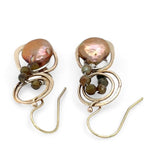 Handmade bronze mini earrings with a neutral pink fresh water pearl drop and hessonite garnet accents