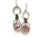 Handmade bronze mini earrings with a neutral pink fresh water pearl drop and hessonite garnet accents