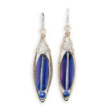 Purple/blue oblong oval crystal and blue kyanite gemstone in hammered bronze marquise earrings with sterling silver wire weaving