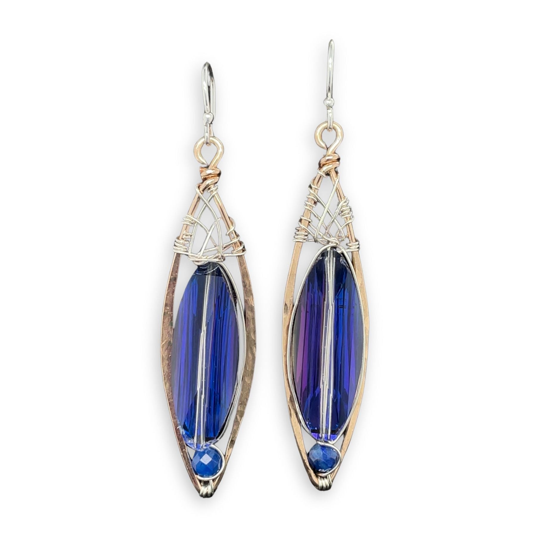 Purple/blue oblong oval crystal and blue kyanite gemstone in hammered bronze marquise earrings with sterling silver wire weaving