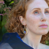 Blue crystal with labradorite accent on  stamped and darkened sterling silver drop earring with a brass hammered swish