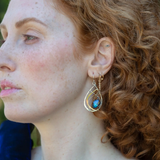 Blue crystal with labradorite accent on  stamped and darkened sterling silver drop earring with a brass hammered swish