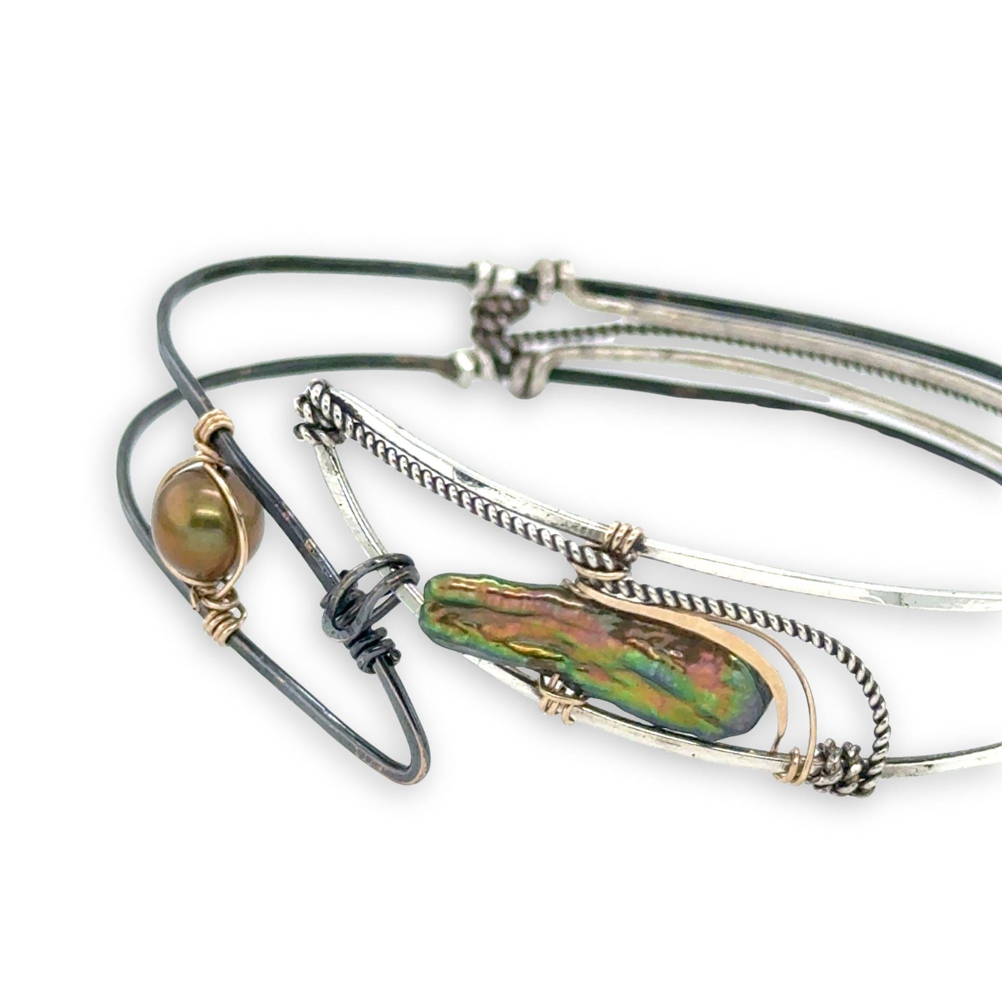 Bright and darkened sterling silver hammered point cuff bracelet with olive green fresh water pearls