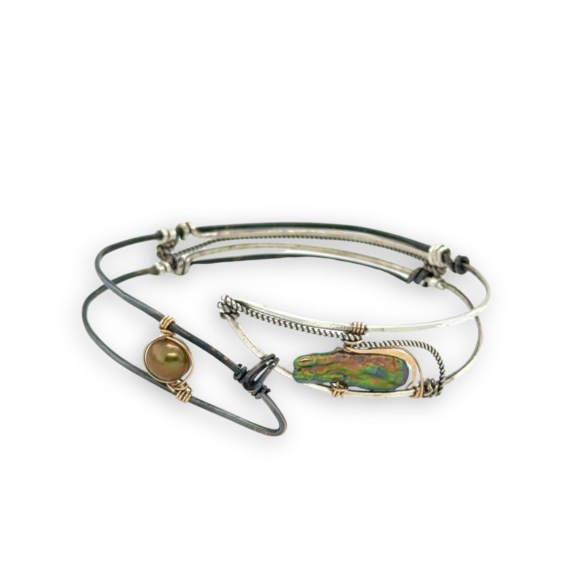 Bright and darkened sterling silver hammered point cuff bracelet with olive green fresh water pearls