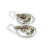 Hammered sterling silver and brass concentric hoop earrings with olive fresh water pearl and green cubic zirconia 