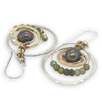 Hammered sterling silver and brass concentric hoop earrings with olive fresh water pearl and green cubic zirconia 