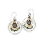 Hammered sterling silver and brass concentric hoop earrings with olive fresh water pearl and green cubic zirconia 