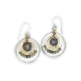 Hammered sterling silver and brass concentric hoop earrings with olive fresh water pearl and green cubic zirconia 