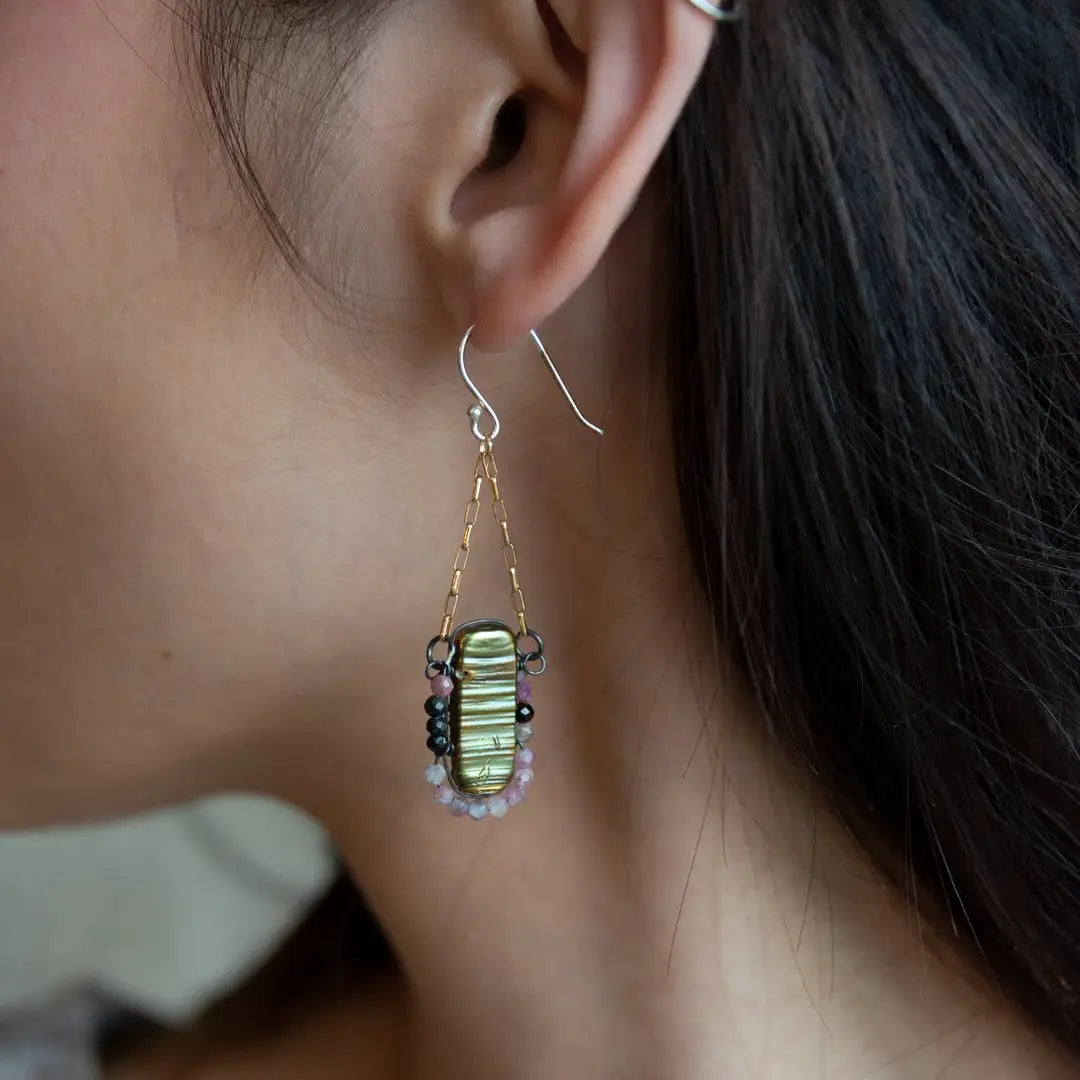 olive green fresh water pearl rectangle tiles surrounded by watermelon tourmaline gemstones and oxidized sterling silver wire on gold filled box chain earrings