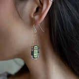 olive green fresh water pearl rectangle tiles surrounded by watermelon tourmaline gemstones and oxidized sterling silver wire on gold filled box chain earrings