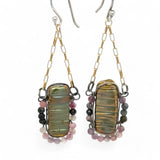 olive green fresh water pearl rectangle tiles surrounded by watermelon tourmaline gemstones and oxidized sterling silver wire on gold filled box chain earrings