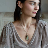 olive green fresh water pearl rectangle tiles surrounded by watermelon tourmaline gemstones and oxidized sterling silver wire on gold filled box chain earrings