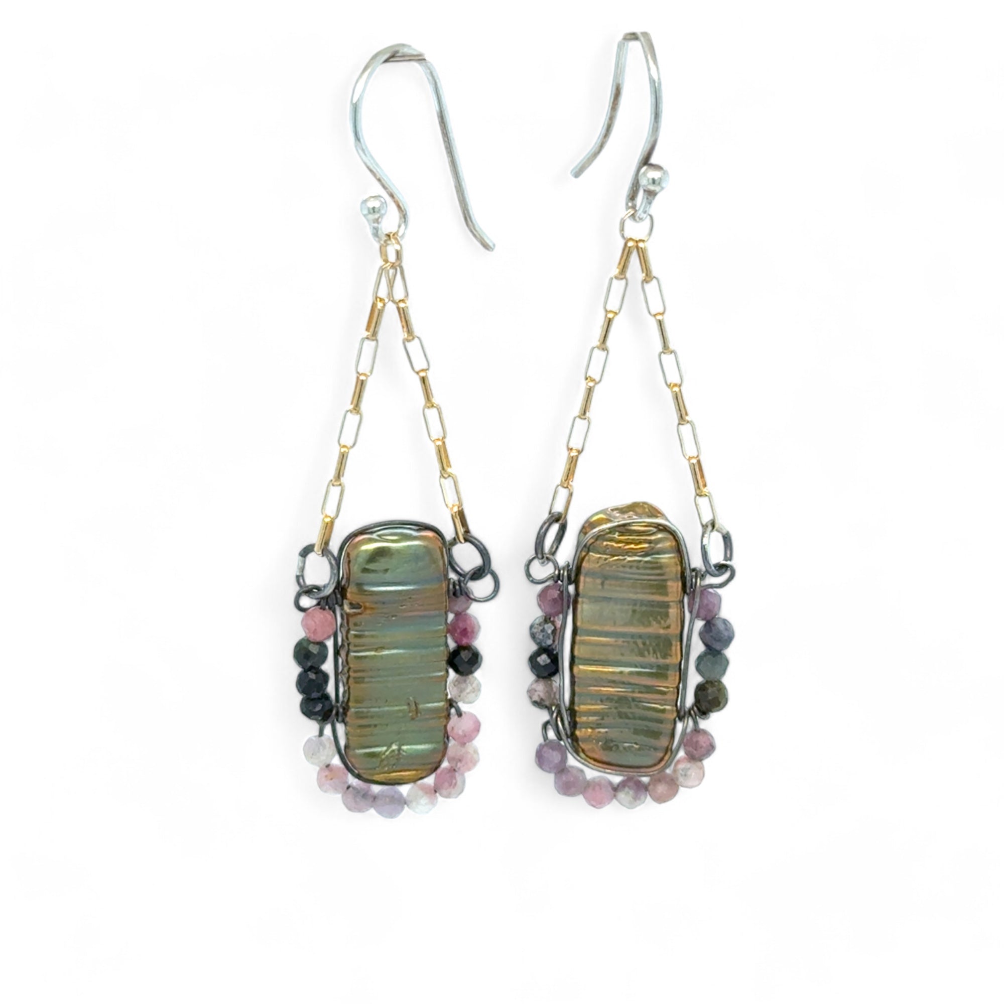 olive green fresh water pearl rectangle tiles surrounded by watermelon tourmaline gemstones and oxidized sterling silver wire on gold filled box chain earrings