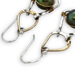 Sterling silver and brass handmade mini earrings featuring an olive green round fresh water pearl