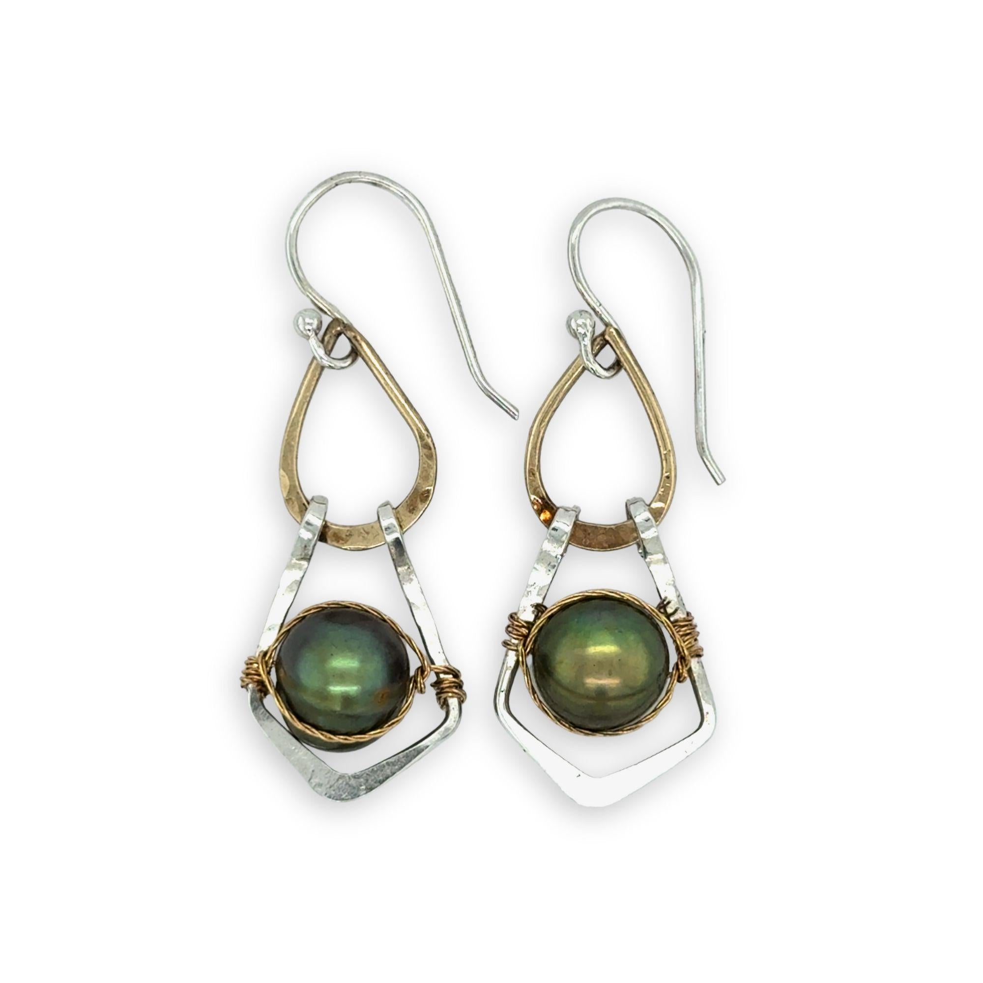 Sterling silver and brass handmade mini earrings featuring an olive green round fresh water pearl