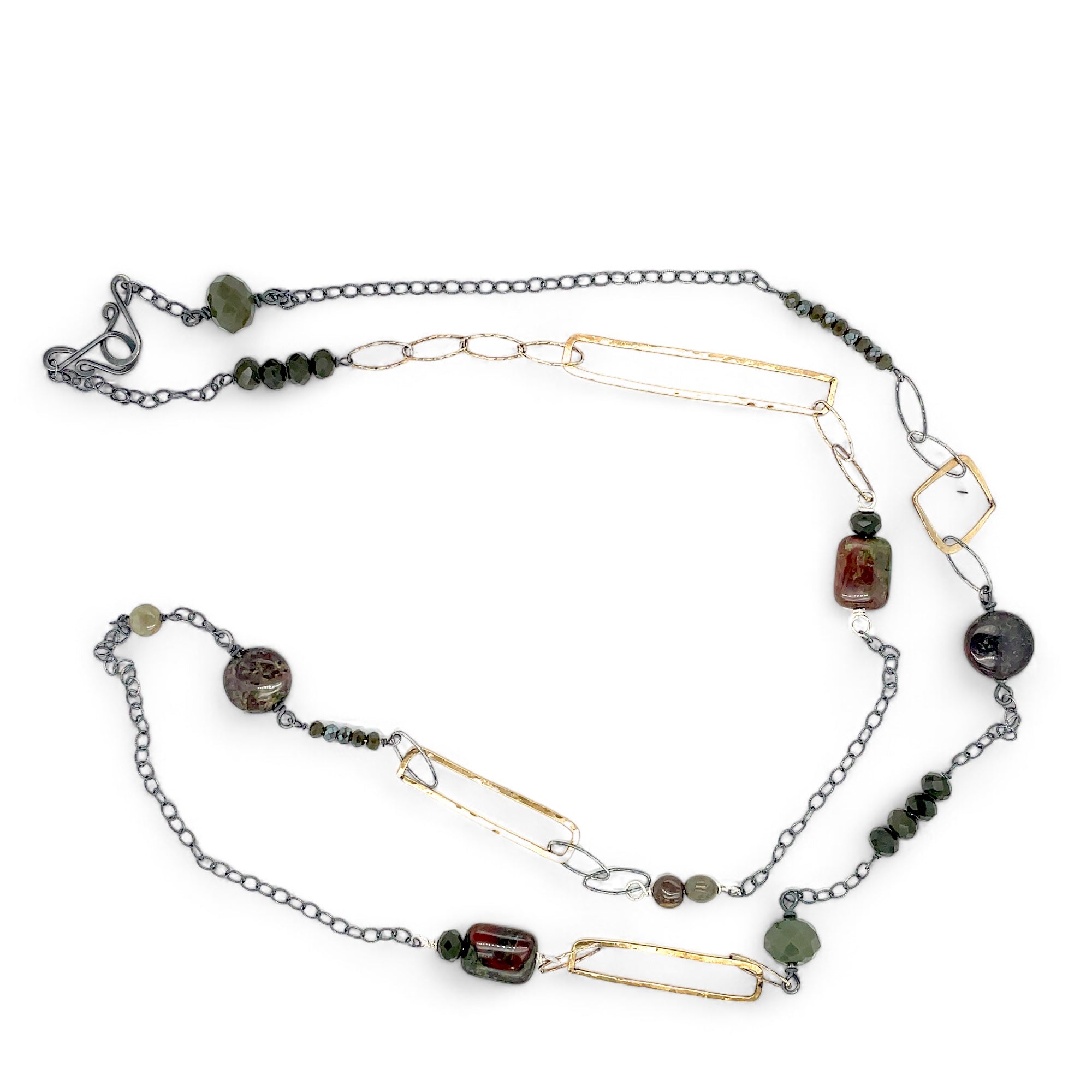 Olive green crystal and olive green/red jasper gemstones interspersed ina long chain necklace with handmade brass rectangles and gold filled links
