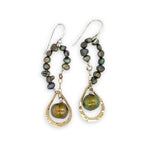 olive freshwater pearls accent a handmade hammered brass teardrop and gold filled chain earring