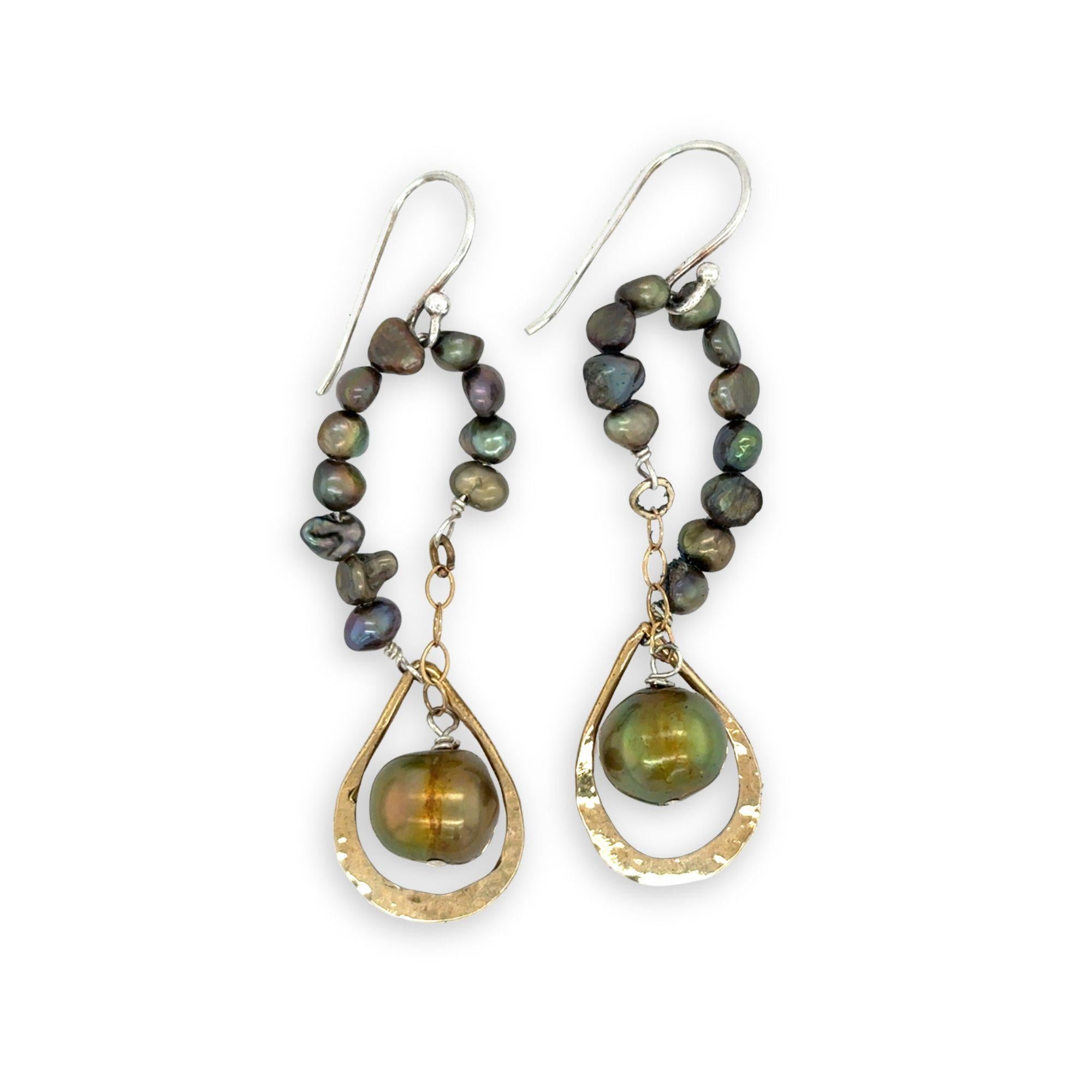 olive freshwater pearls accent a handmade hammered brass teardrop and gold filled chain earring