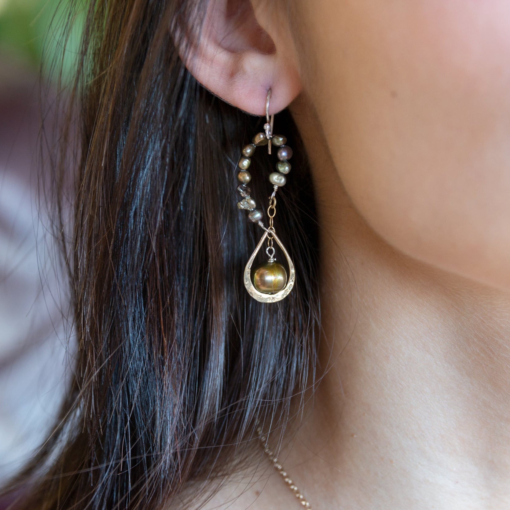 olive freshwater pearls accent a handmade hammered brass teardrop and gold filled chain earring