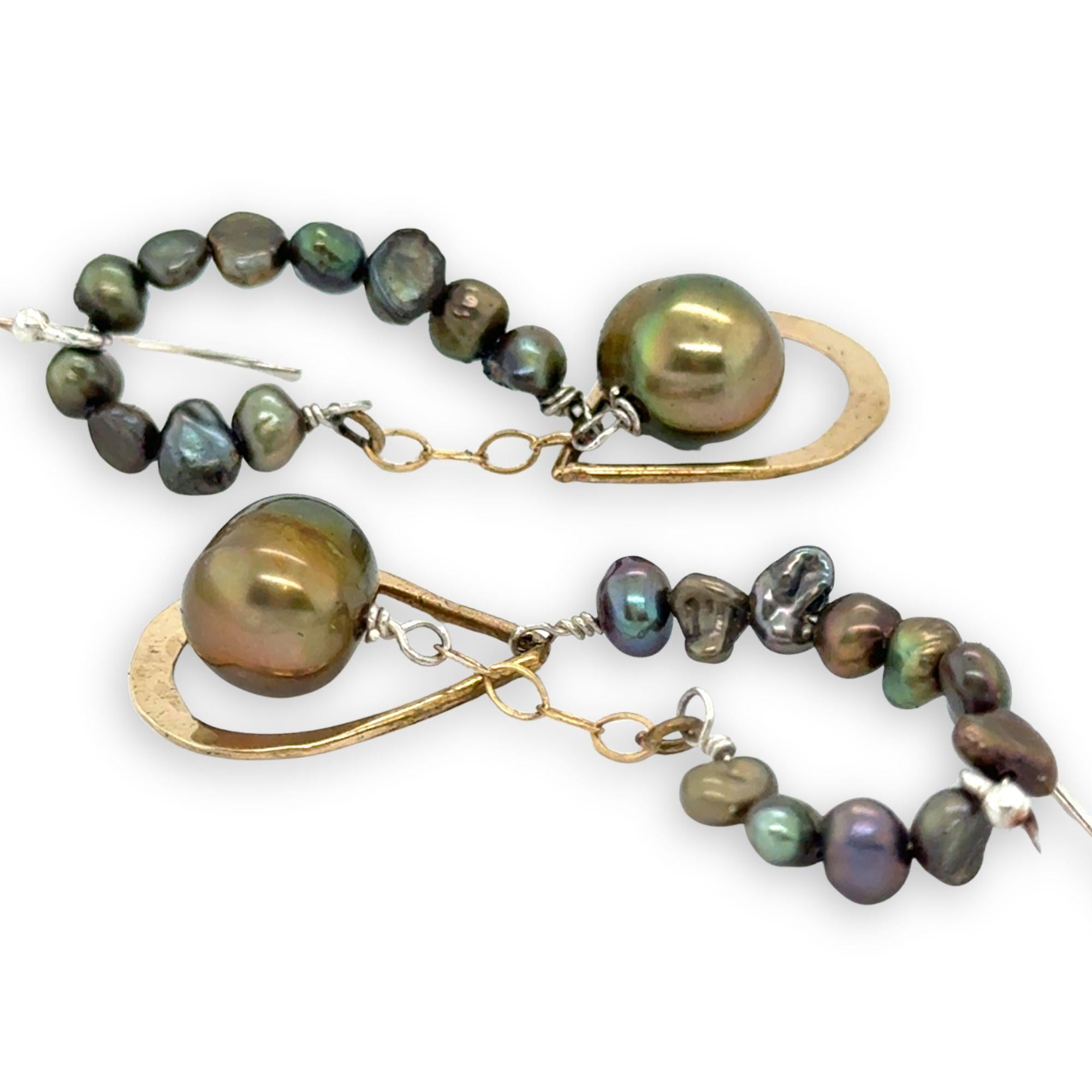 olive freshwater pearls accent a handmade hammered brass teardrop and gold filled chain earring