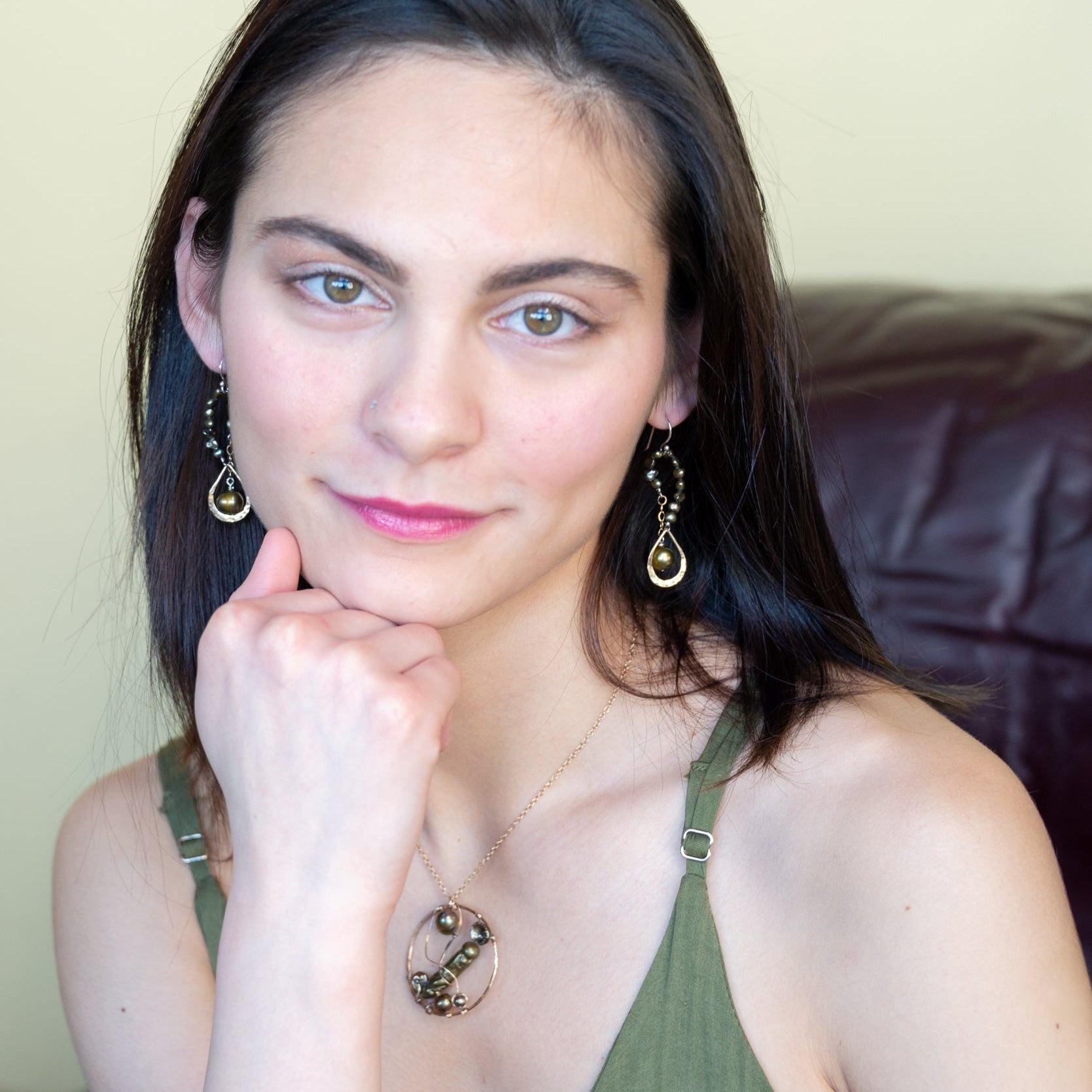 olive freshwater pearls accent a handmade hammered brass teardrop and gold filled chain earring