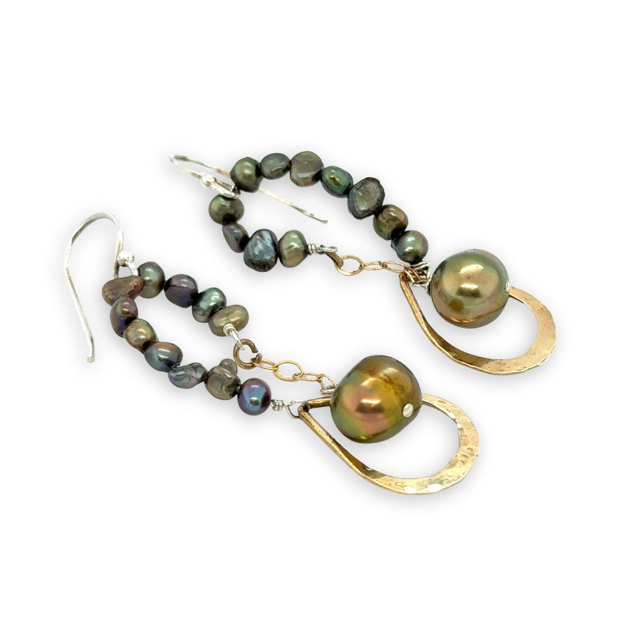 olive freshwater pearls accent a handmade hammered brass teardrop and gold filled chain earring