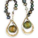 olive freshwater pearls accent a handmade hammered brass teardrop and gold filled chain earring