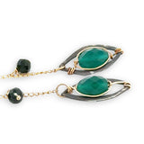 bright green cubic zirconia, green onyx, and dark green goldstone gemstones, oxidized sterling silver hammered charms adorn darkened gold fill delicate chain earrings