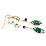 bright green cubic zirconia, green onyx, and dark green goldstone gemstones, oxidized sterling silver hammered charms adorn darkened gold fill delicate chain earrings