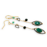 bright green cubic zirconia, green onyx, and dark green goldstone gemstones, oxidized sterling silver hammered charms adorn darkened gold fill delicate chain earrings