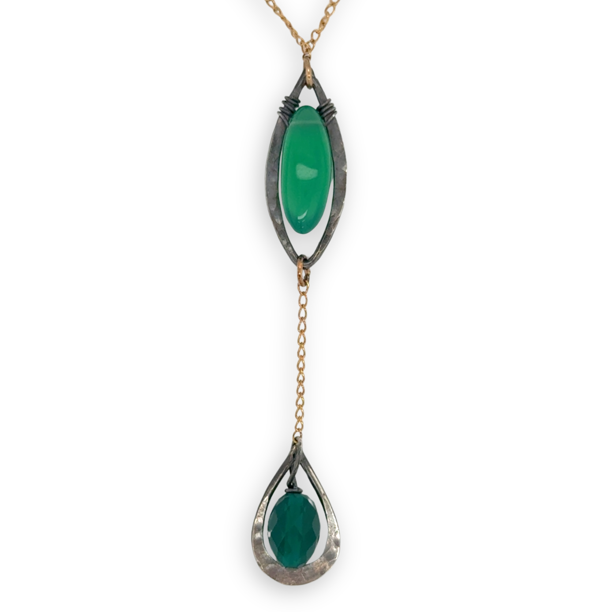 Green onyx, green goldstone, and green cubic zirconia gemstones accent a gold filled delicate chain with oxidized sterling silver charms necklace