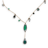 Green onyx, green goldstone, and green cubic zirconia gemstones accent a gold filled delicate chain with oxidized sterling silver charms necklace