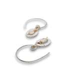 Opal gemstone nuggets dangle within a mini sterling silver hammered oval, hanging from our handmade braided sterling silver earring hoops
