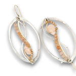 Sterling silver oval earrings stamped with florals, with pink opal mini drop gemstones, sunstone cubes, and cubic zirconia gemstones on gold filled earring hooks