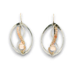 Sterling silver oval earrings stamped with florals, with pink opal mini drop gemstones, sunstone cubes, and cubic zirconia gemstones on gold filled earring hooks