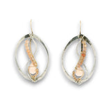 Sterling silver oval earrings stamped with florals, with pink opal mini drop gemstones, sunstone cubes, and cubic zirconia gemstones on gold filled earring hooks