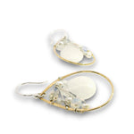 Brass teardrop shaped earrings embellished with white jade, moonstone, fresh water pearls, and opal gemstones on hammered sterling silver wire