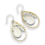 Brass teardrop shaped earrings embellished with white jade, moonstone, fresh water pearls, and opal gemstones on hammered sterling silver wire