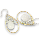 Brass teardrop shaped earrings embellished with white jade, moonstone, fresh water pearls, and opal gemstones on hammered sterling silver wire
